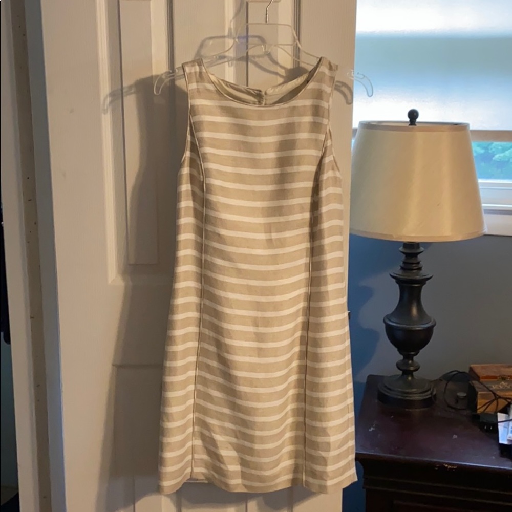 Linen tan and cream striped dress Banana Republic